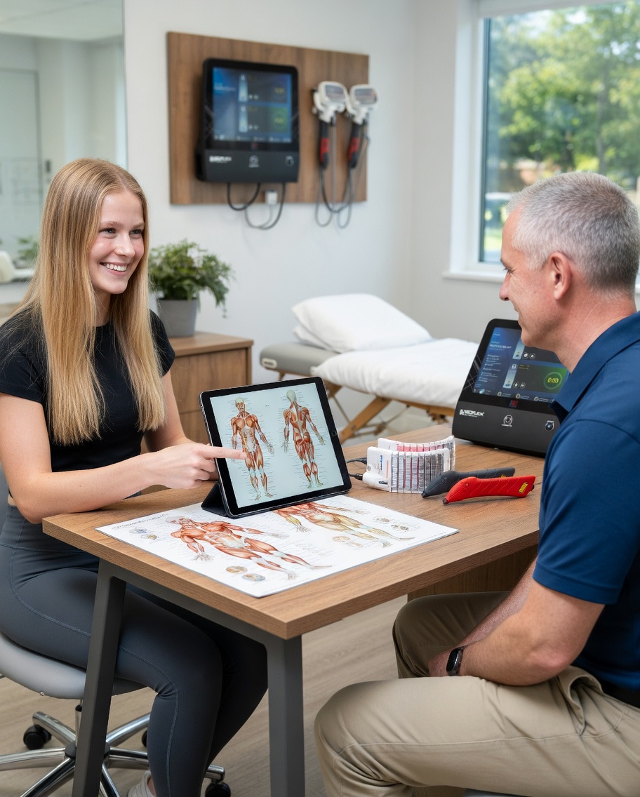Sparke Wellness practitioner reviewing anatomy and treatment plan with a patient using a tablet in the clinic